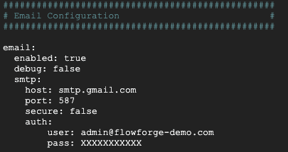 "Screenshot showing email configuration in flowforge.yml"
