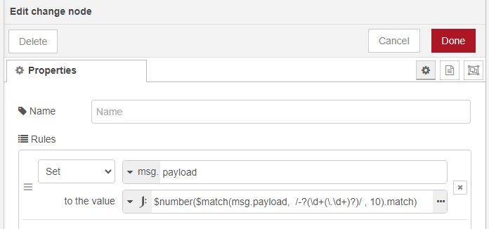 "Screenshot showing the change node setting payload"