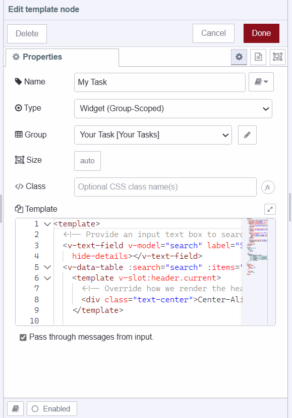 "Screenshot displaying ui-template widget with code for building table for displaying task"