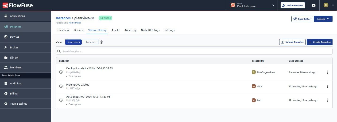 A screenshot of the snapshots interface in FlowFuse, showing a list of available snapshots that can be restored or compared.