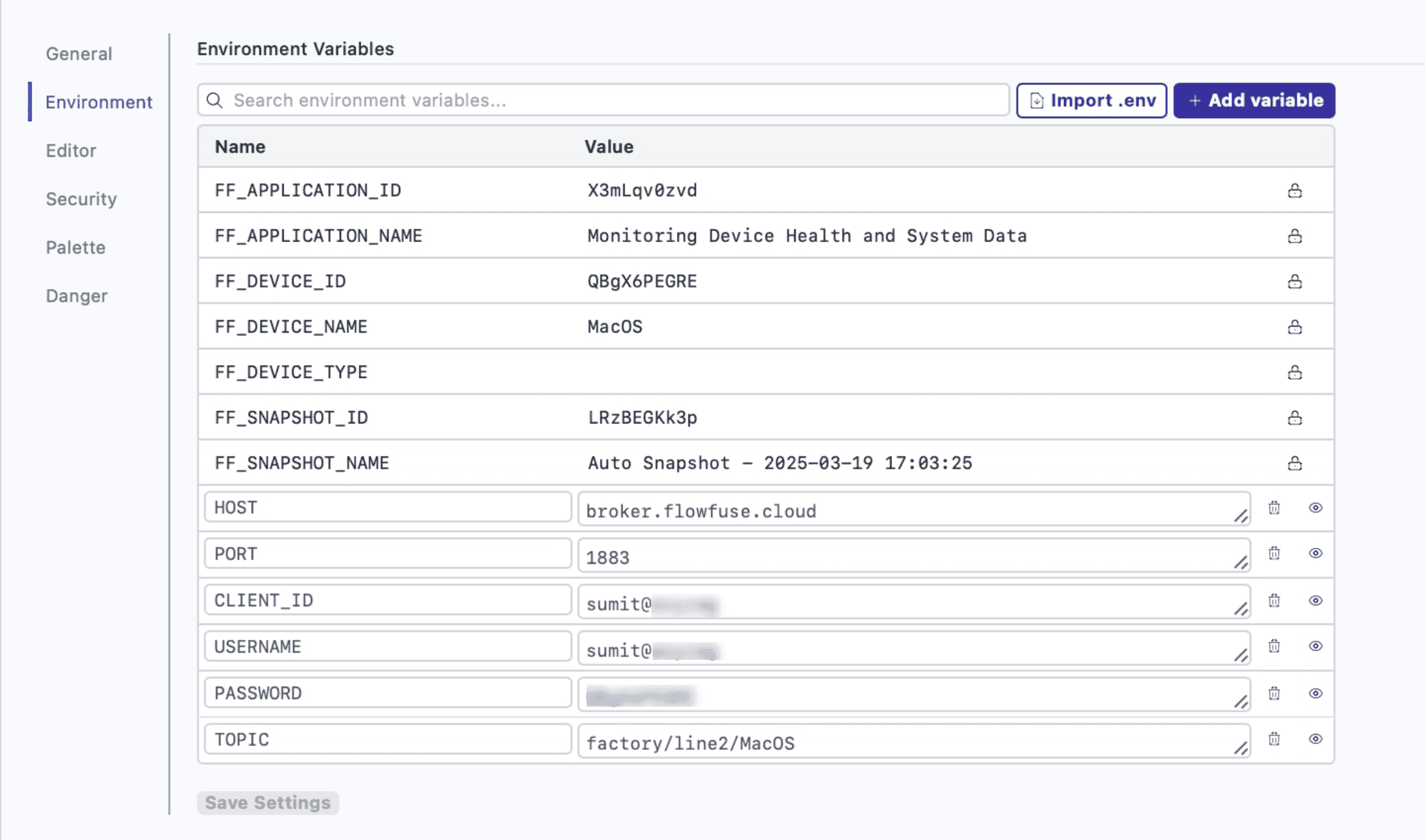 Setting environment variables at the instance level in FlowFuse.