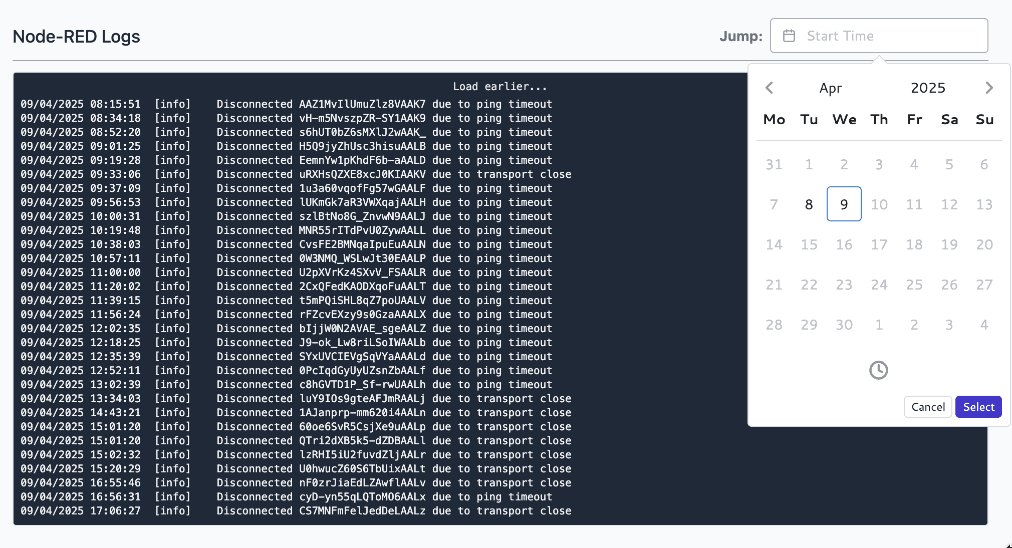 Screenshot of browsing Node-RED logs by timestamp