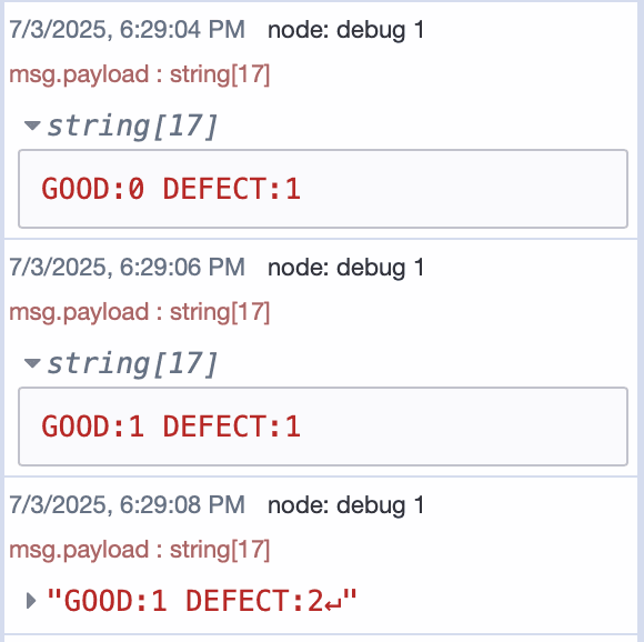 Screenshot of Node-RED debug panel showing production data sent from the machine every 2 seconds
