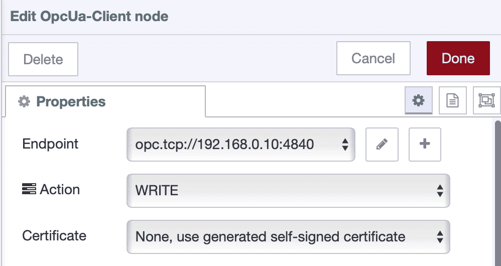Screenshot showing OPC UA Client node with "WRITE" action selected