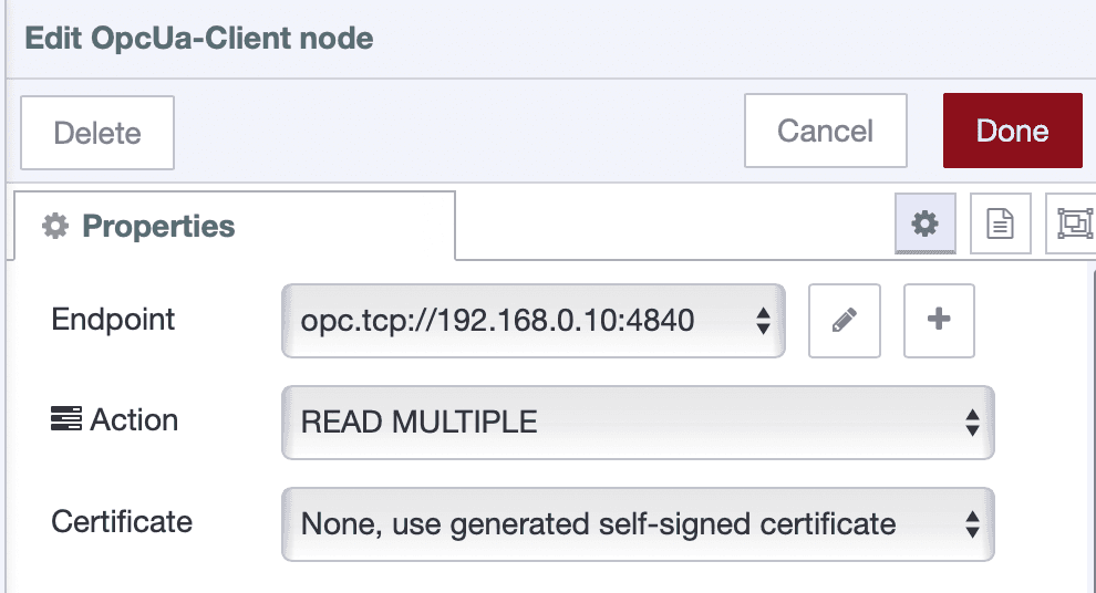 Screenshot showing OPC UA Client node with "READ MULTIPLE" action selected