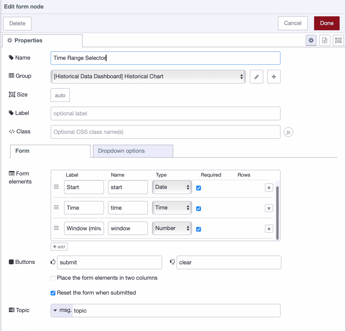 Form widget configuration showing date, time, and window duration fields
