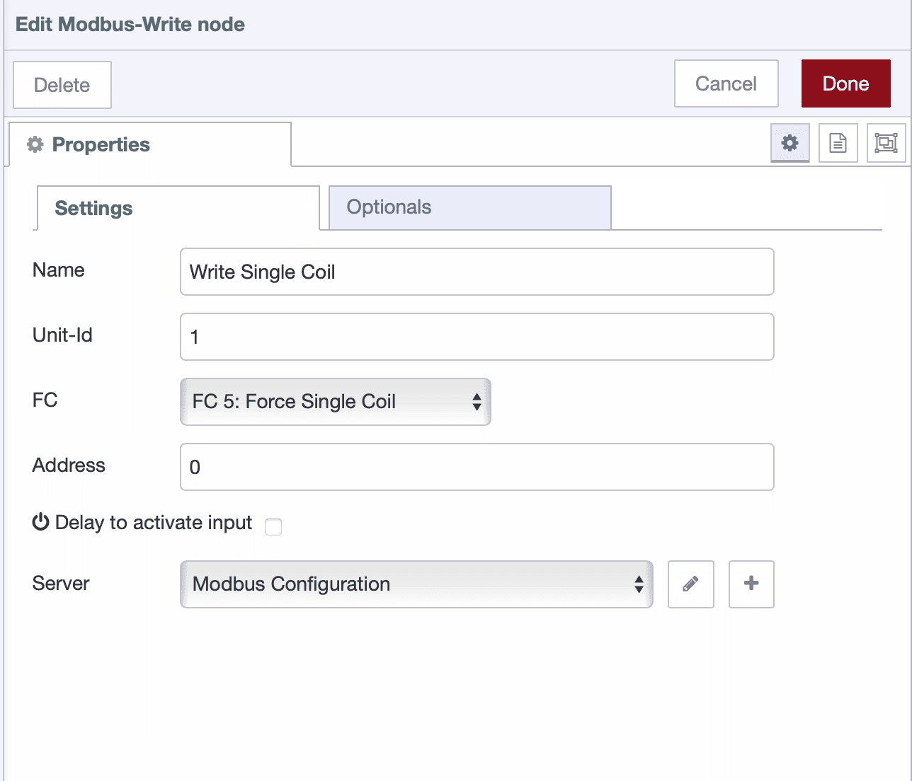 Writing a single coil using the Modbus Write node.