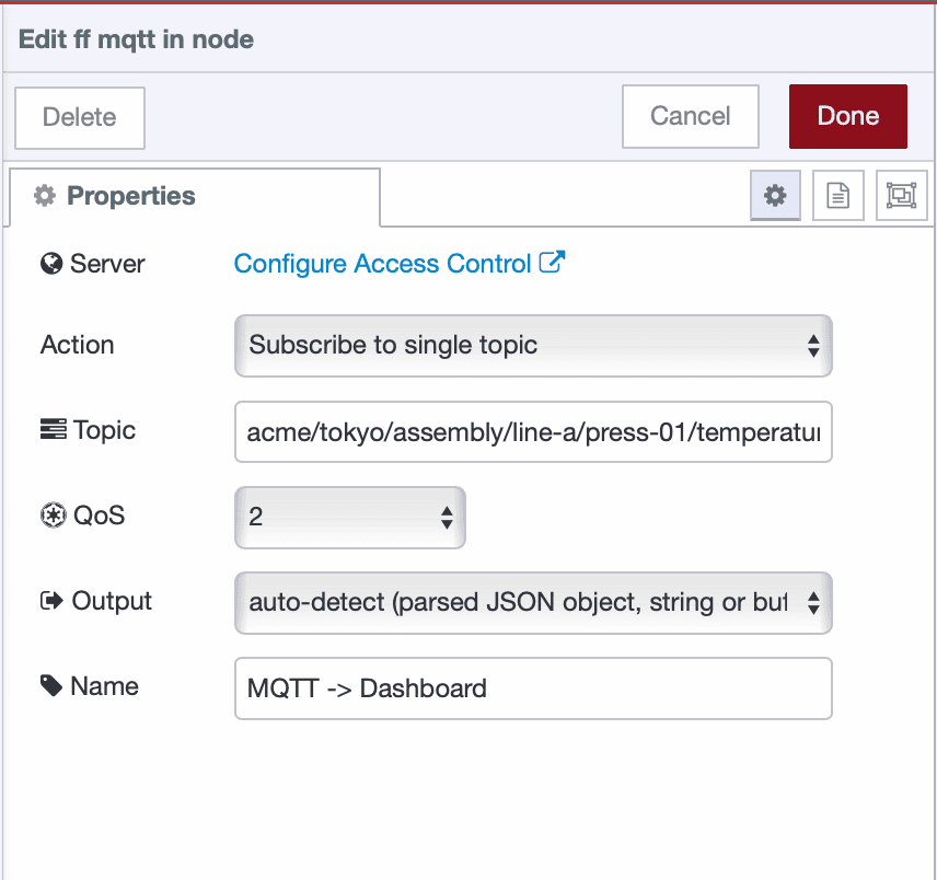 Configuring the MQTT Out node
