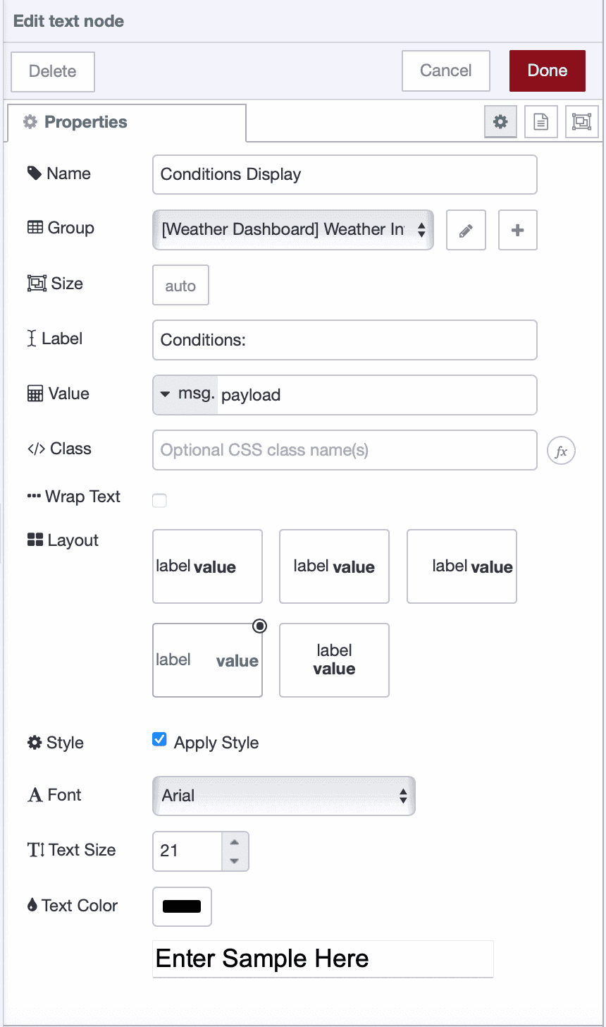 UI text node configured to display weather conditions