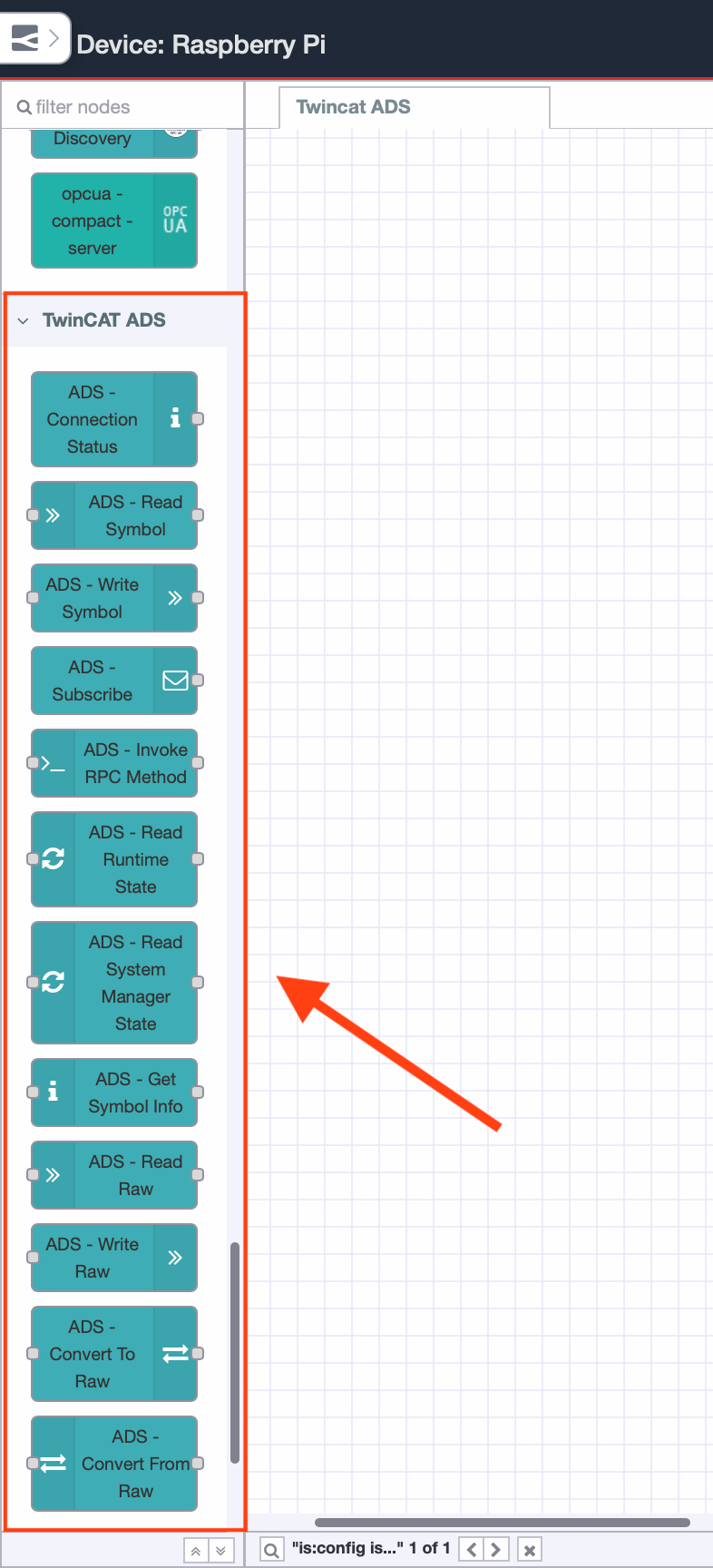 TwinCAT ADS nodes available in the Node-RED palette after installing node-red-contrib-ads-client