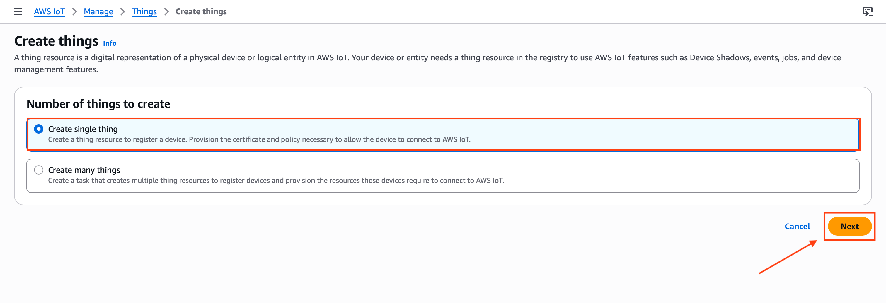 "AWS IoT Core setup wizard showing the Create a single thing option selected"