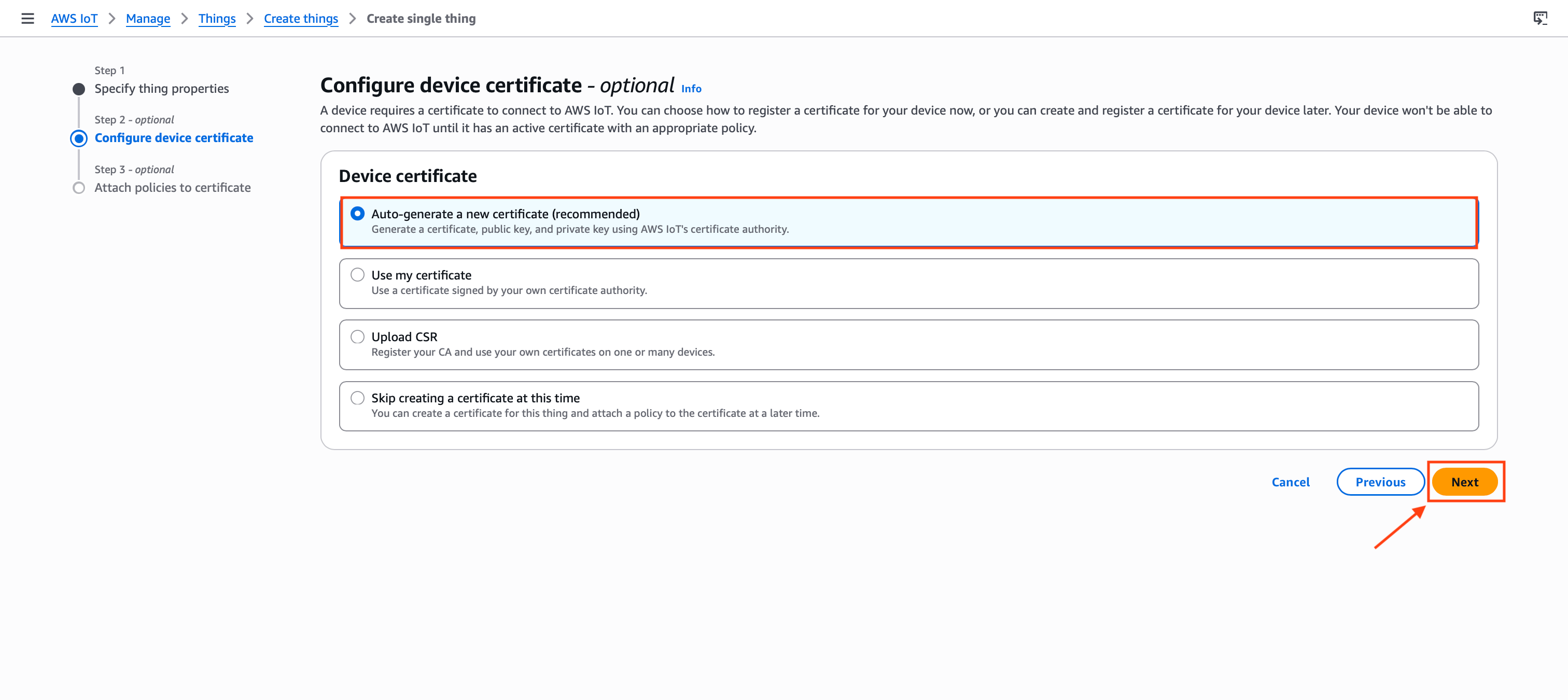 "AWS IoT Core certificate creation page with Auto-generate a new certificate option selected"