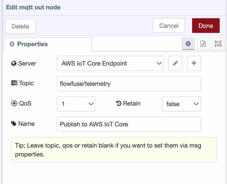 "Node-RED canvas showing the mqtt out node configured with the AWS IoT Core endpoint as the server and flowfuse/telemetry as the topic"