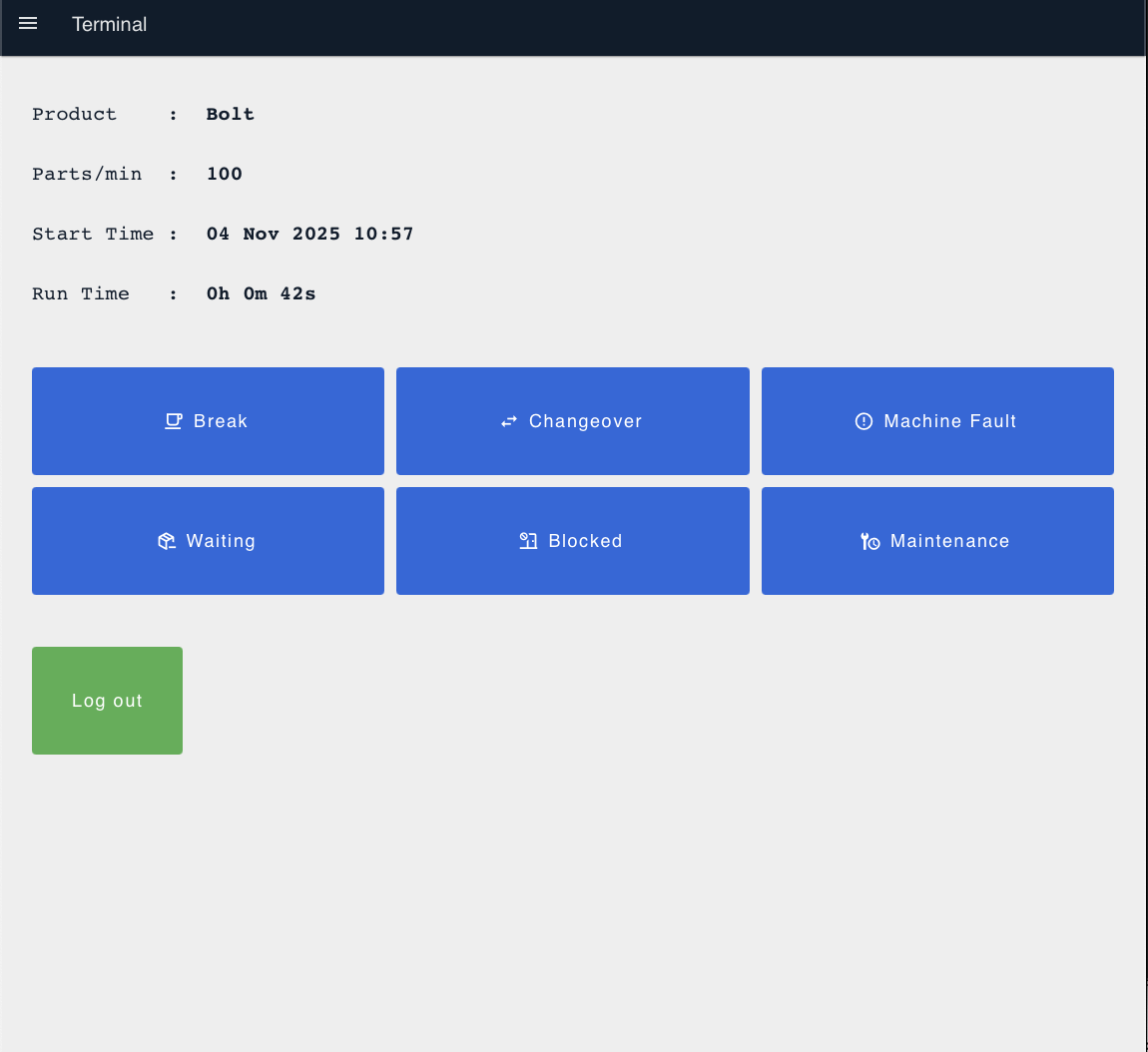Live production monitoring dashboard showing product name, production rate, start time, and elapsed runtime with downtime reason buttons
