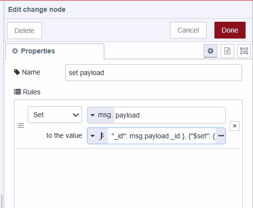 Screenshot displaying the change node setting payload as an array containing a query and operation to perform an update operation in the database "Screenshot displaying the change node setting payload as an array containing a query and operation to perform an update operation in the database"