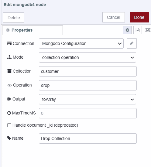 Screenshot displaying configuration of MongoDB4 node for droping collection from database "Screenshot displaying configuration of MongoDB4 node for droping collection from database"
