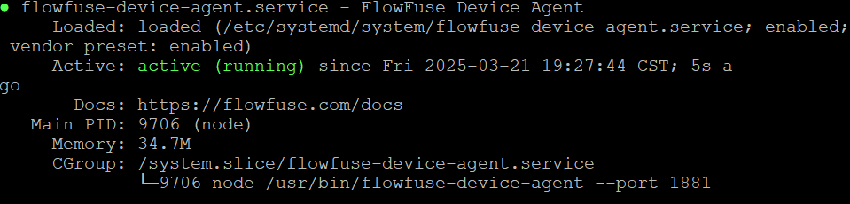 "Status of the FlowFuse Device Agent systemd service"