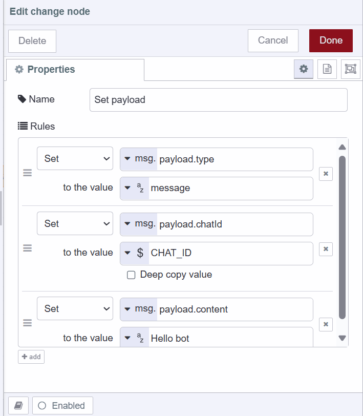 "Screenshot displaying the change node setting payload for sending message"