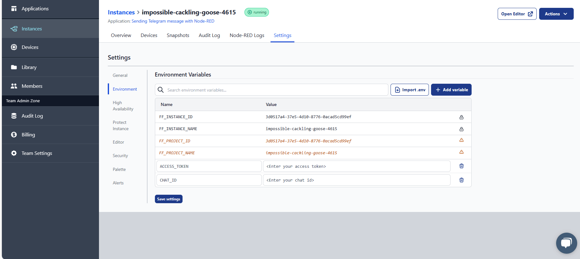 "Screenshot displaying flowfuse instance settings for adding environment variable"
