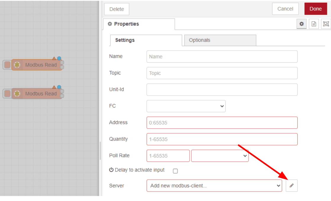Adding a Modbus server Adding a Modbus server