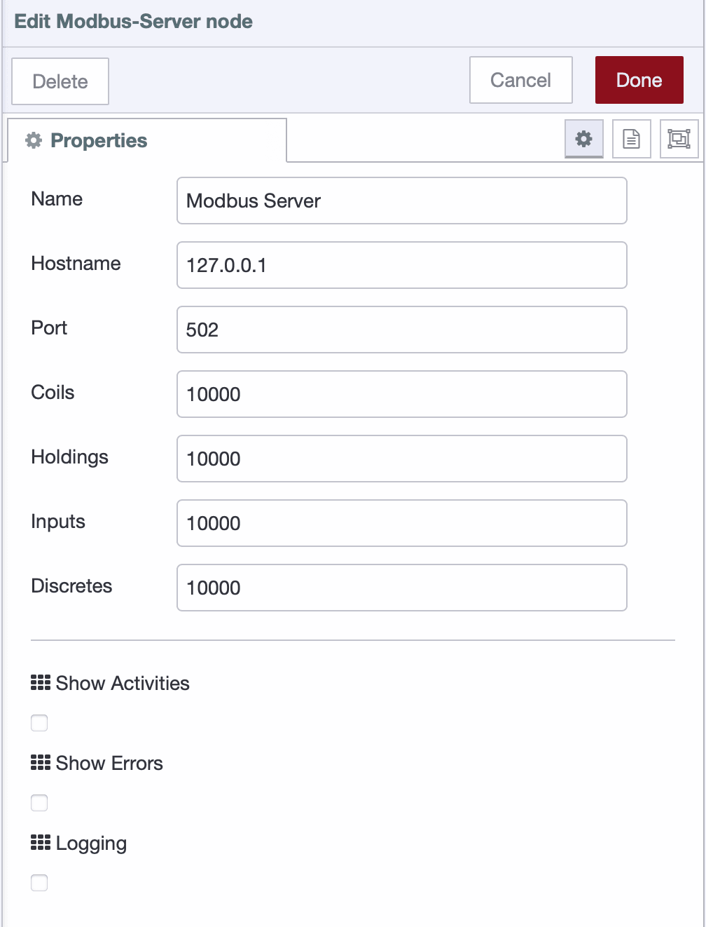 Configuring the Modbus server node Configuring the Modbus server node