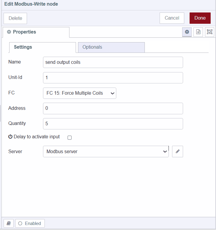 Configuring the Modbus send output coils write node Configuring the Modbus send output coils write node